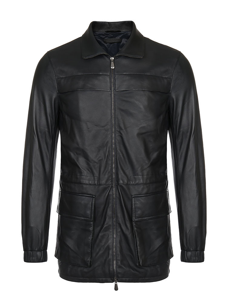 bottegaveneta/葆蝶家男士皮衣羊皮翻领拉链男士黑色皮衣