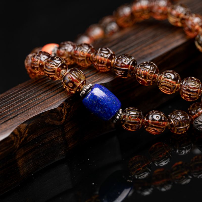 zhangs textiles/绣花张 琥珀回纹珠配银饰青金石珊瑚手持手串