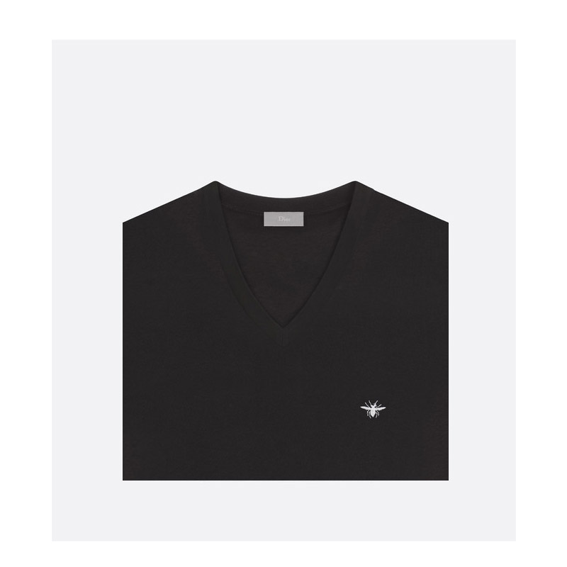 dior homme/迪奥桀傲 男士黑色白蜜蜂刺绣v领短袖t恤衫 733j604b-0446