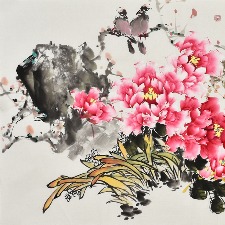 王凌风《牡丹花开 春色常在/138x70cm/传统水墨