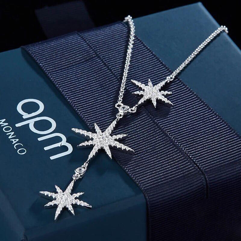 apmmonaco/apmmonaco银镶晶钻轻奢双流星项链女六芒星锁骨链吊坠银