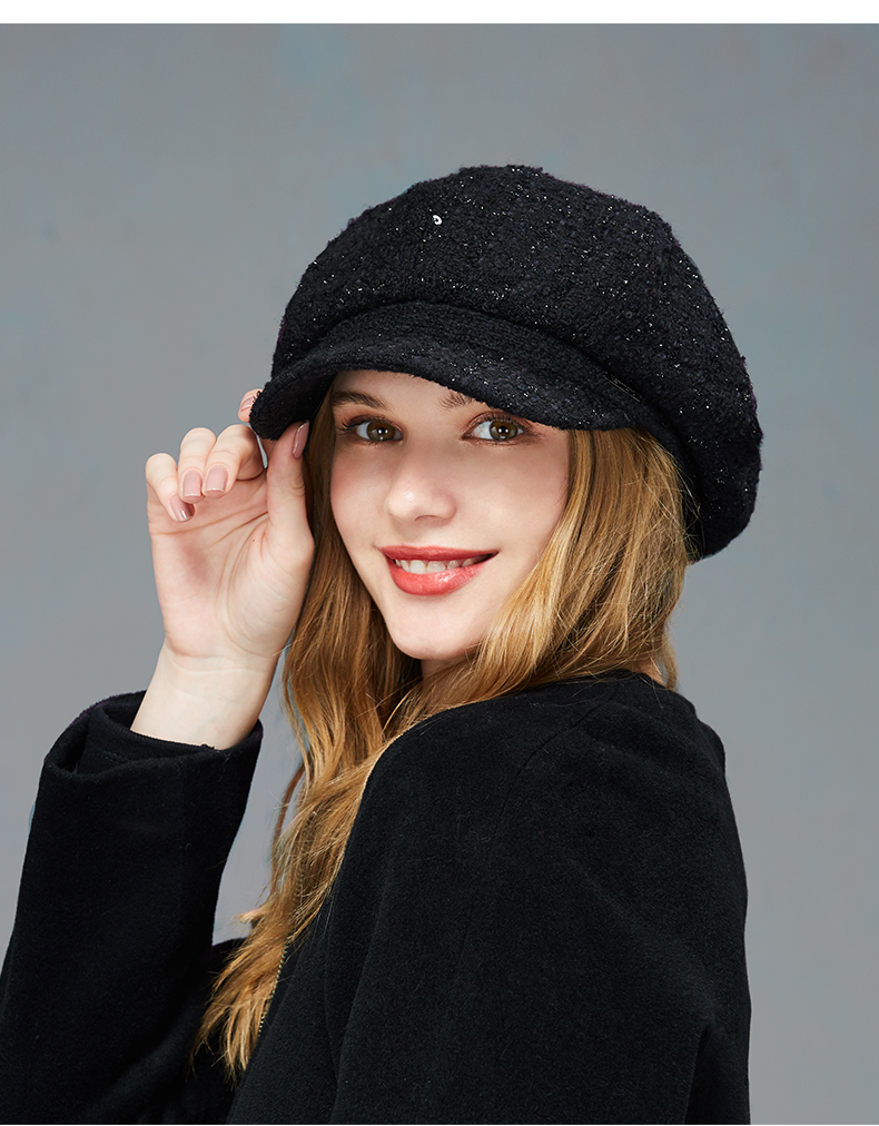 kenmont/卡蒙2019秋冬新品女士八角贝雷帽黑色秋冬帽子短檐鸭舌帽后托
