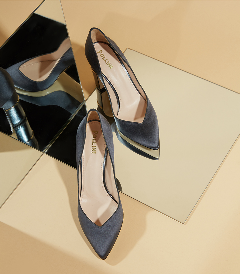 pollini 意大利进口女鞋尖头真皮鞋底沙丁布粗高跟女鞋意大利进口温柔