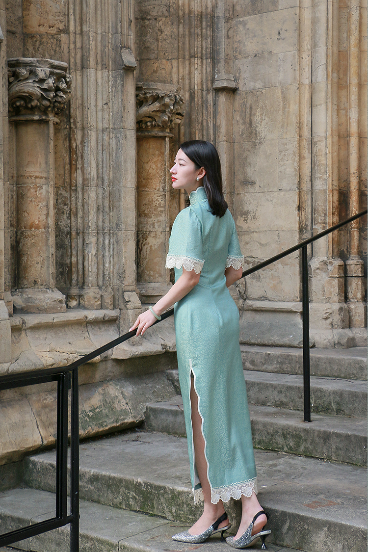 heyen/姑苏荷言-翠微 提花重绉桑波缎42%桑蚕丝58%人造丝女旗袍