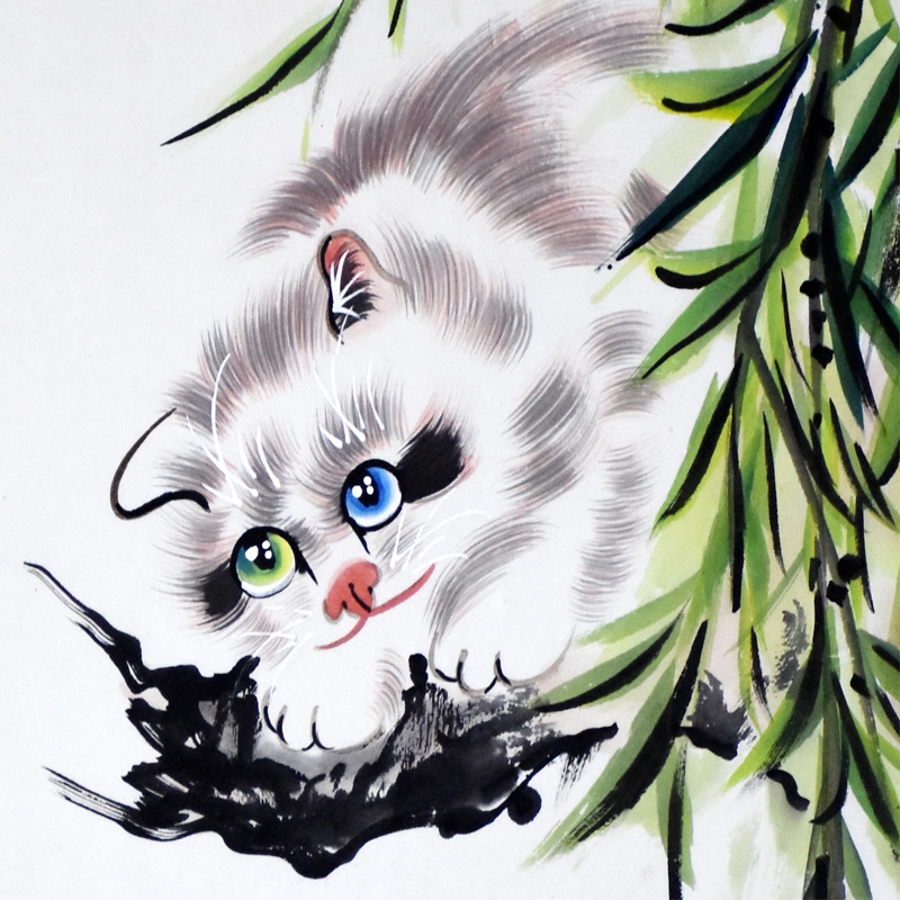 璞石《猫趣图》/47cmx70cmcm/传统水墨