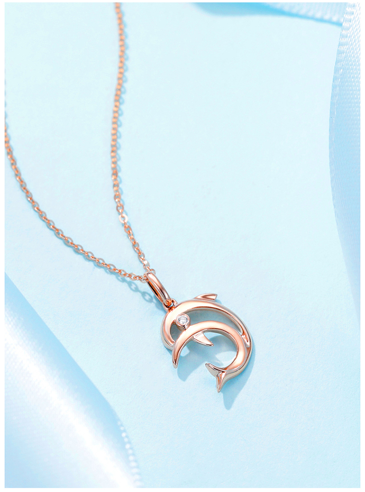 zocai/佐卡伊 18k玫瑰色海豚之恋项链au750彩金吊坠单坠钻石锁骨链