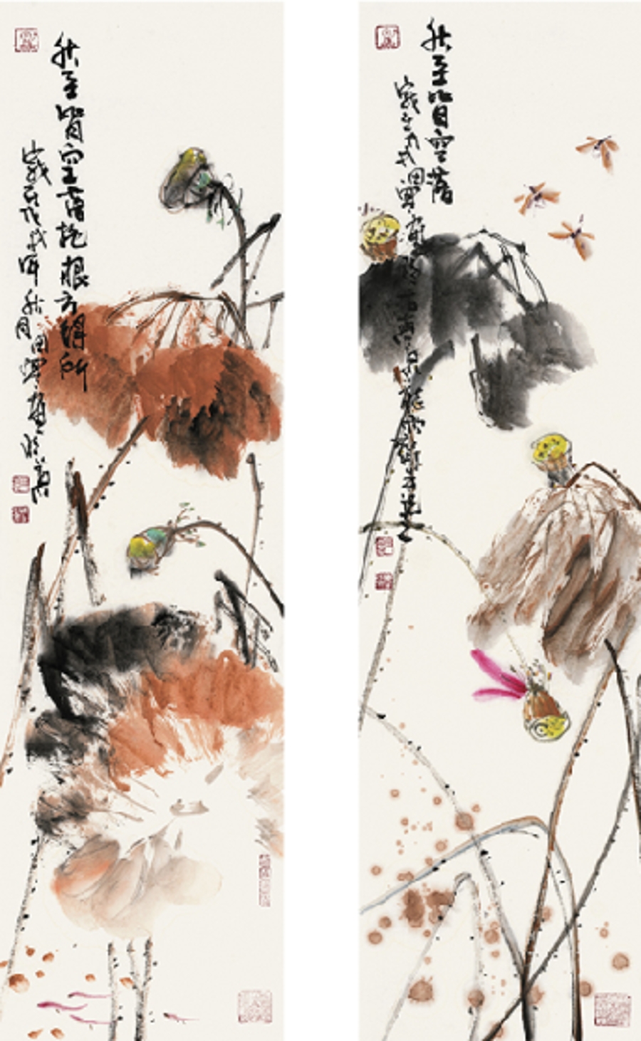 写意名家 田寒 《荷花四条屏》/26x97cm x2件/传统水墨