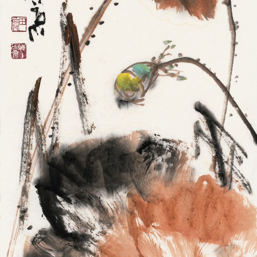 写意名家 田寒 《荷花四条屏》/26x97cm x2件/传统水墨