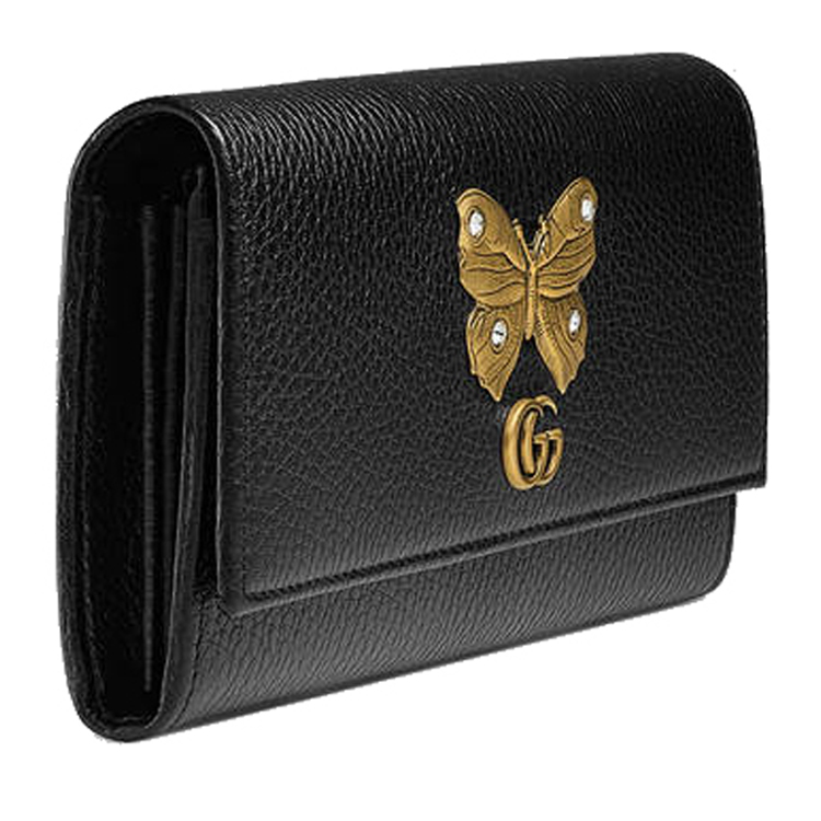 gucci/古驰 女士黑色皮质双g蝴蝶标长款钱包手拿钱夹 499359 caogt