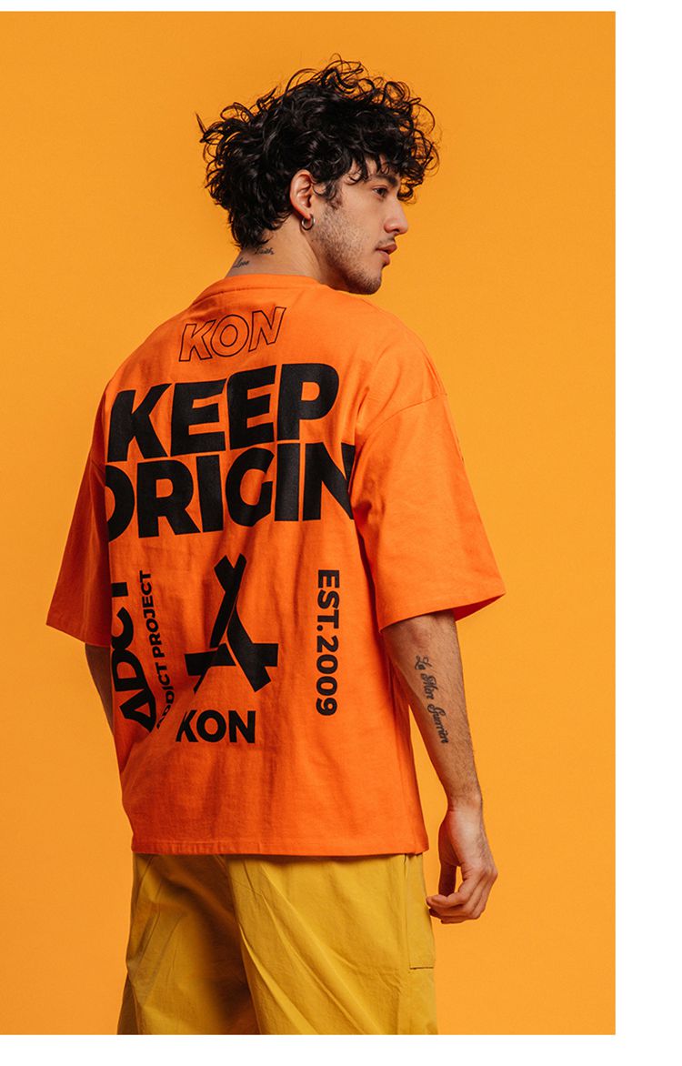 kon短袖t恤男士橙色纯棉潮牌个性时尚2019新款宽松落肩情侣服ins