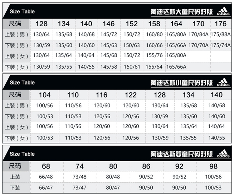 大童的170尺码对照表图片