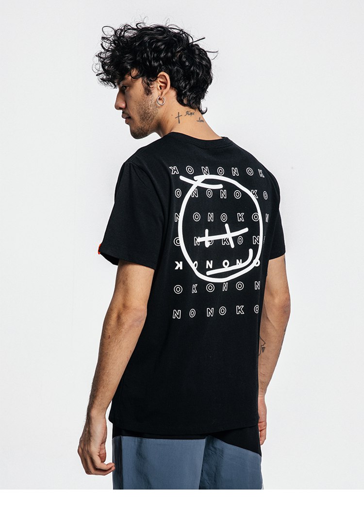 kon手绘笑脸印花黑色t恤男潮牌ins男士休闲纯棉短袖情侣体恤夏季