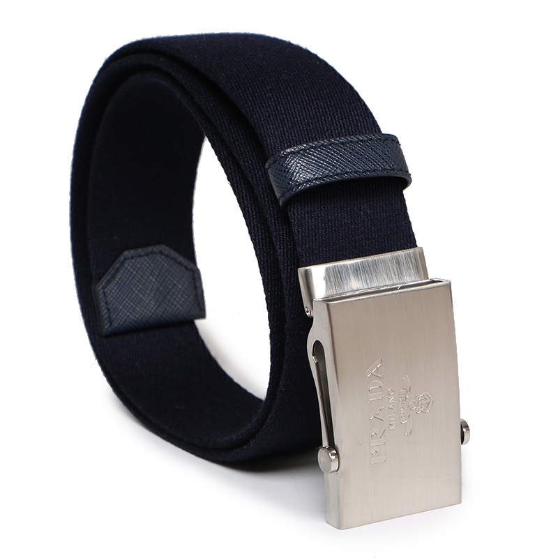 prada/普拉达 男士黑蓝色织物板扣腰带 pr1925396839【正品 价格