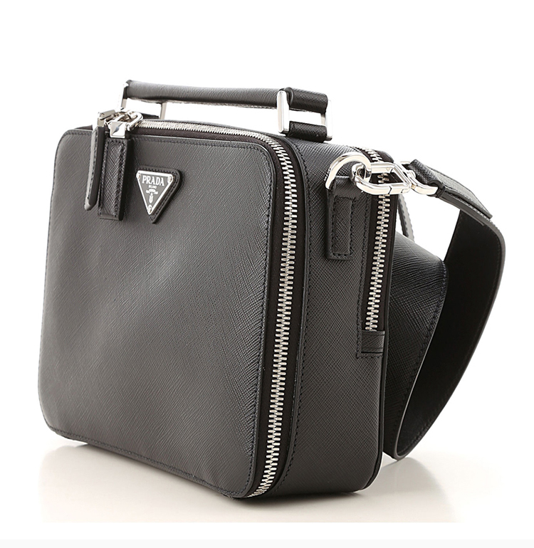 prada/普拉达 男士经典黑色牛皮拉链款斜挎包手提包单肩包男包 2vh069