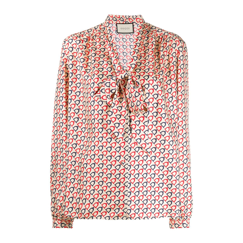 【19年秋冬】gucci/古驰 马蹬印花系带领真丝 女士长袖衬衫 562242