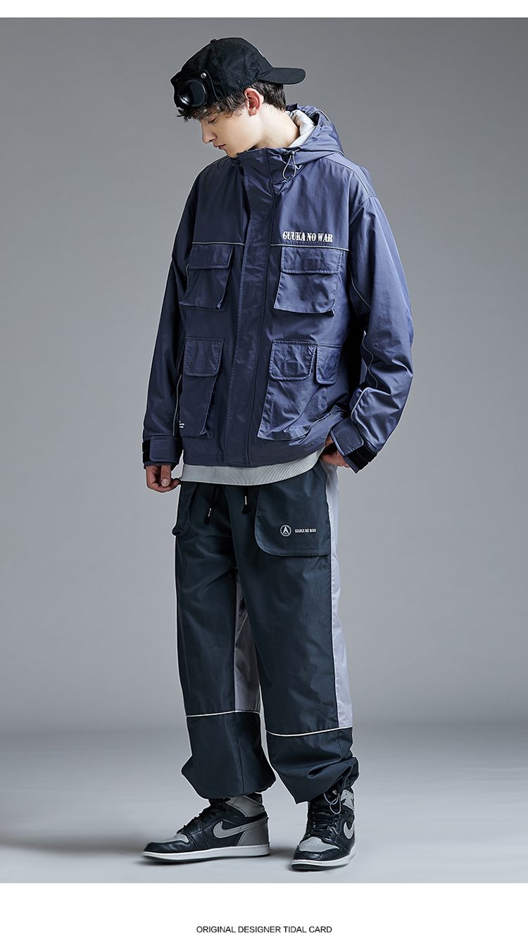 guuka 外套 多口袋 工装 风衣 男 潮牌 秋 青少年 嘻哈 印花 连帽 防