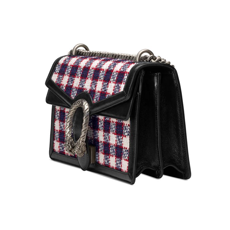 gucci/古驰19秋冬新款dionysus 女士小号拼色格纹花呢单肩酒神包