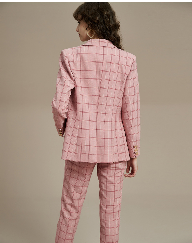 wear】2019早秋新品 女士西服 修身粉色时尚双排扣西装外套 340102