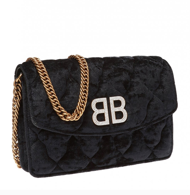 balenciaga/巴黎世家 女士黑色丝绒绗缝logo标识链条包单肩斜挎包