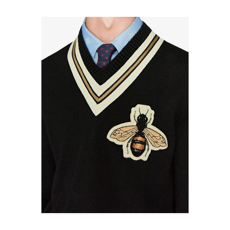 gucci/古驰 2020年早春 鹿晗同款 男士纯羊毛v领蜜蜂刺绣时尚休闲毛衣