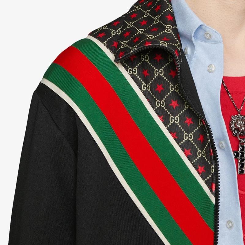 gucci/古驰 2019秋冬 男士黑色拉链外套 星星印花 经典红绿色织带拼接