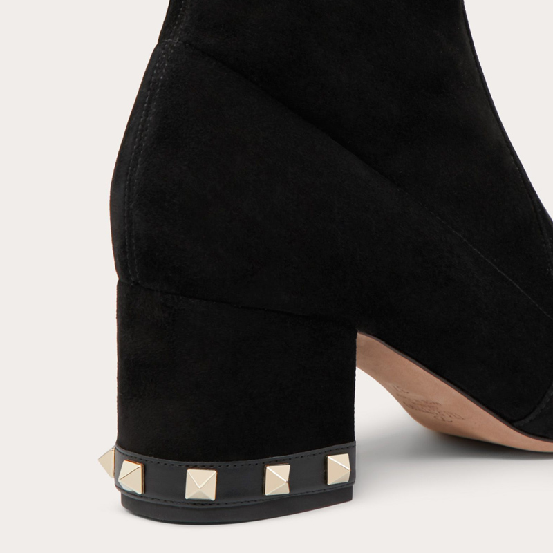 【19秋冬新款】valentino/华伦天奴 女士黑色rockstud脚踝弹性绒面短