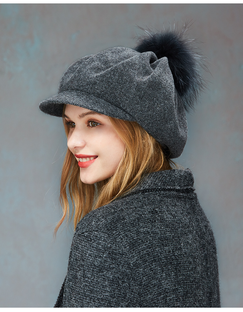kenmont/卡蒙秋冬新品全羊毛贝雷帽貉子毛球帽子女冬季时尚潮八角帽