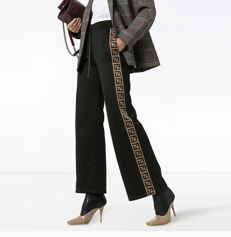 fendi/芬迪 19秋冬 女士黑色棉质混纺时尚侧面logo标识长裤直筒裤休闲