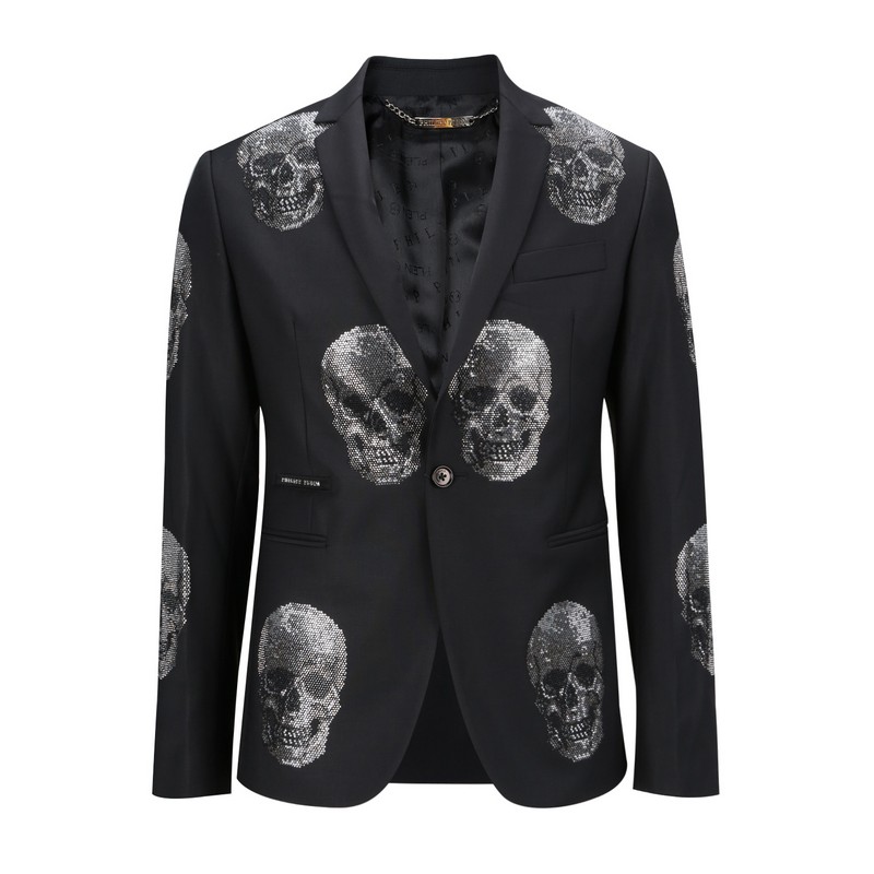 philipp plein/菲利普·普兰 男士黑色骷髅头印花翻领商务休闲西服