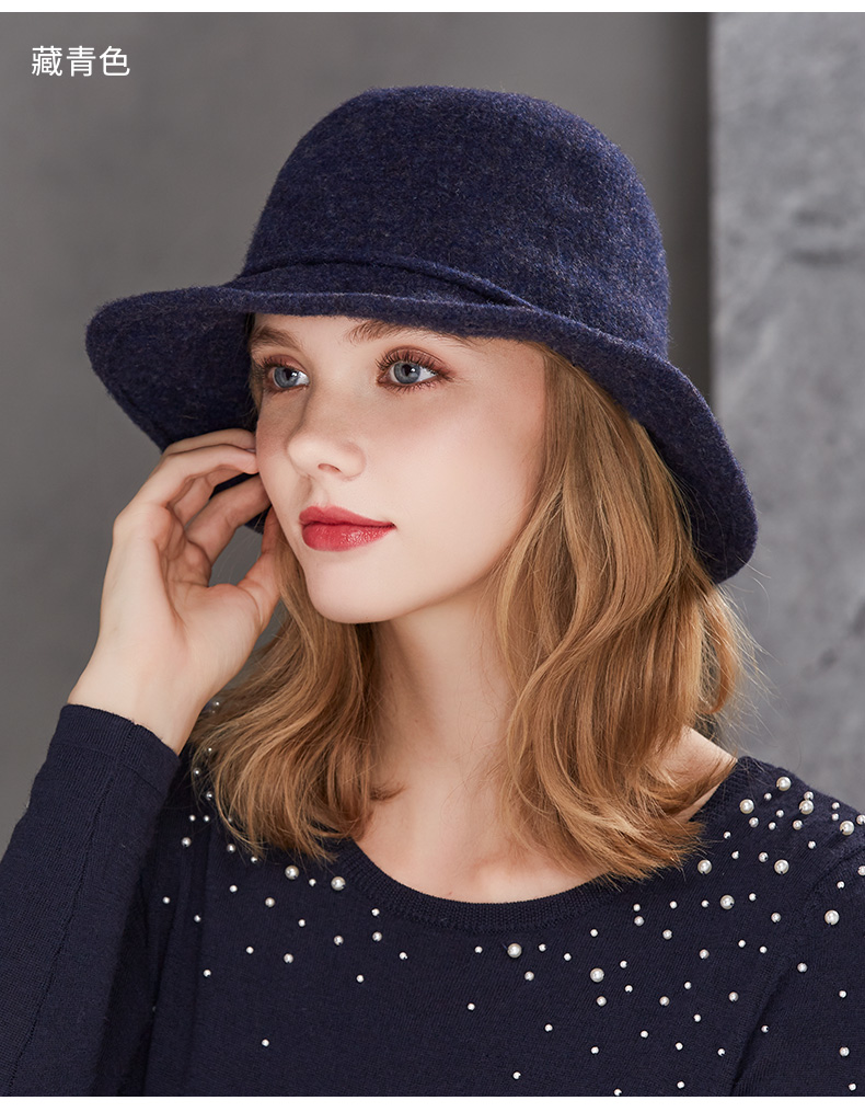 秋冬新品英伦蝴蝶结圆顶礼帽女士秋冬季纯色保暖宽檐羊毛盆帽毛呢帽子