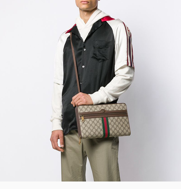 【包税】gucci/古驰 男士卡其色pu配皮经典复古双g图案时尚单肩斜挎包