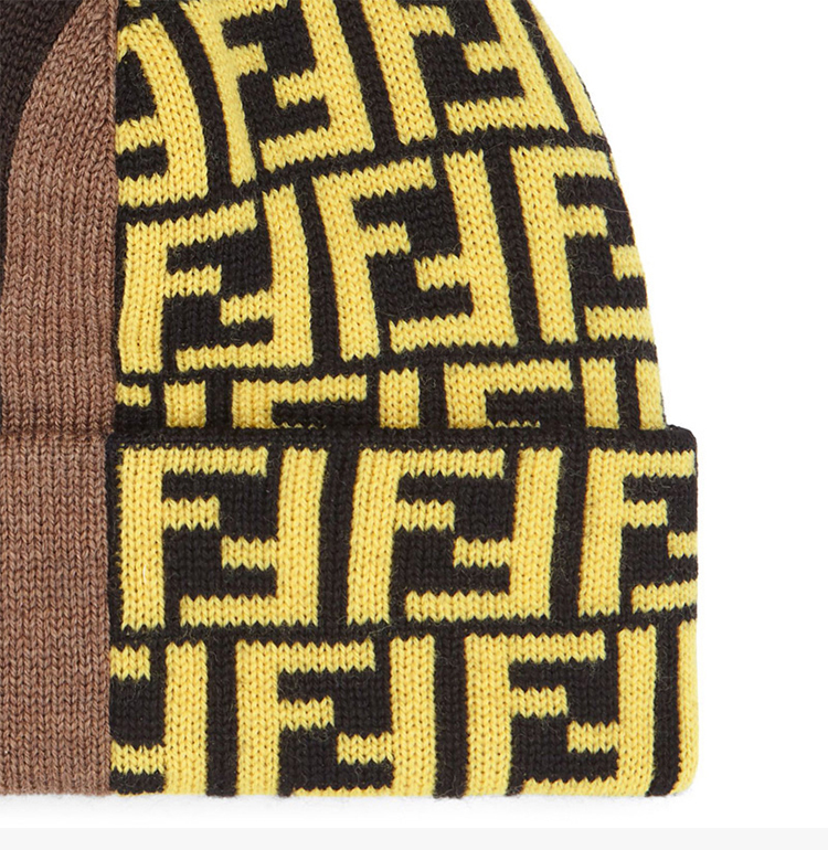 fendi/芬迪 女士拼色f图案镶饰条纹饰边羊毛针织帽帽子 fxq056-a88o