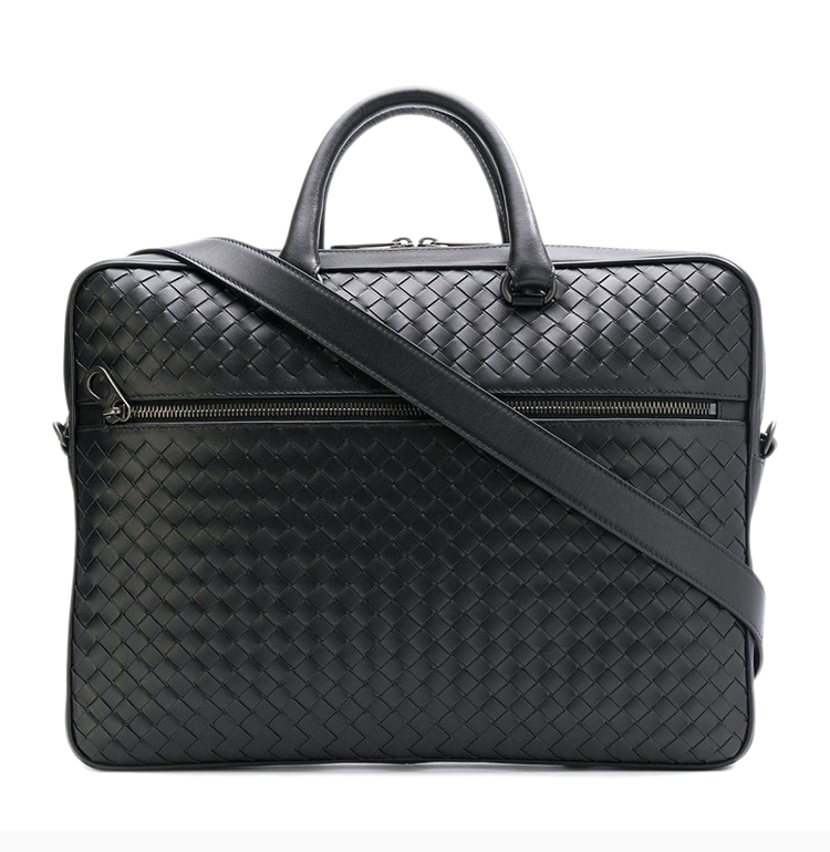 bottega veneta 葆蝶家 男士黑色皮革编织手提包公文包斜挎包