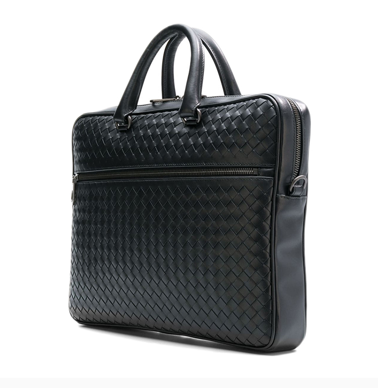 bottega veneta 葆蝶家 男士黑色皮革编织手提包公文包斜挎包