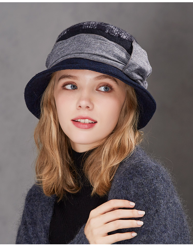 卡蒙潮流拼接毛呢小盆帽大蝴蝶结淑女帽户外保暖优雅帽子女大檐帽