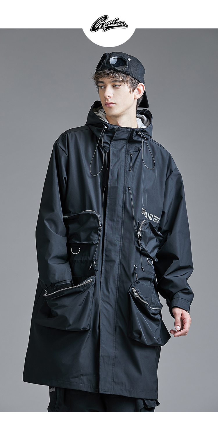 guuka 男士运动风衣 潮牌 黑色 风衣 男 春秋 青少年 嘻哈 中长款 多
