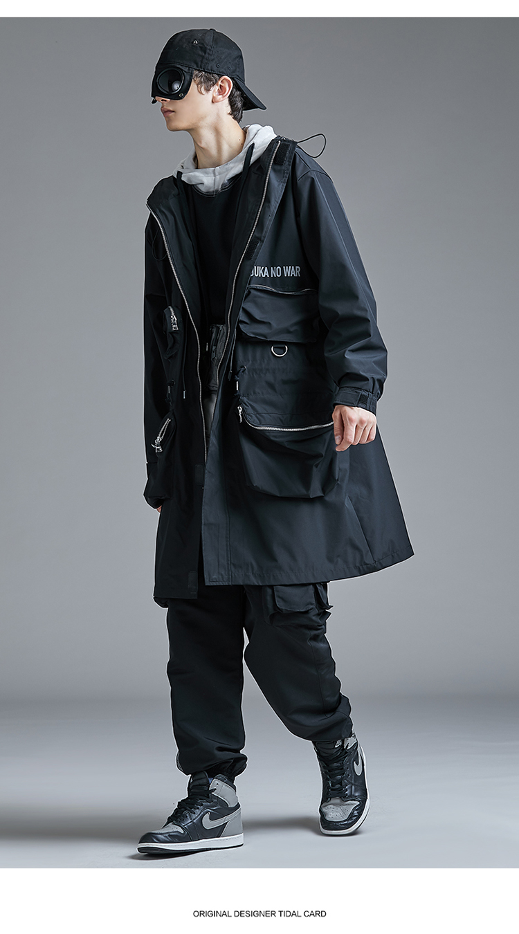 guuka 男士运动风衣 潮牌 黑色 风衣 男 春秋 青少年 嘻哈 中长款 多