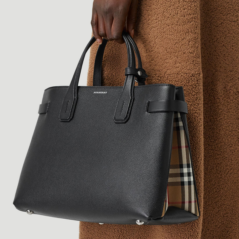 burberry/博柏利 巴宝莉 女士黑色皮革中号格纹手提单肩包 8006323#sp
