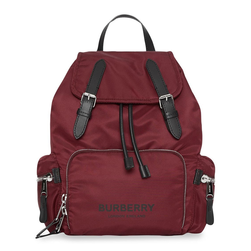 burberry/博柏利 巴宝莉 女士酒红色尼龙中号徽标印花双肩包 8011620