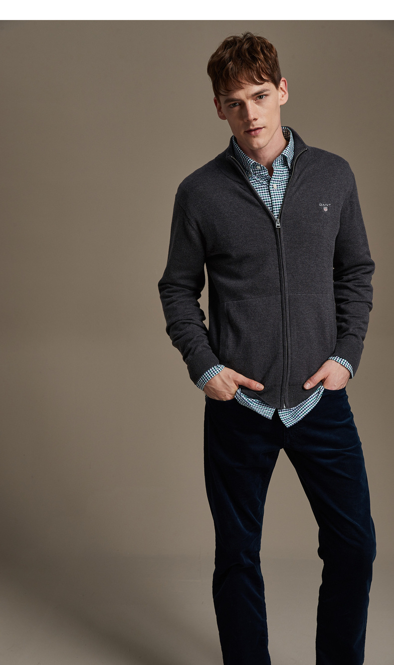 gant/甘特 2019秋冬新品 男士针织衫/毛衣 棉毛混纺立领开襟针织衫