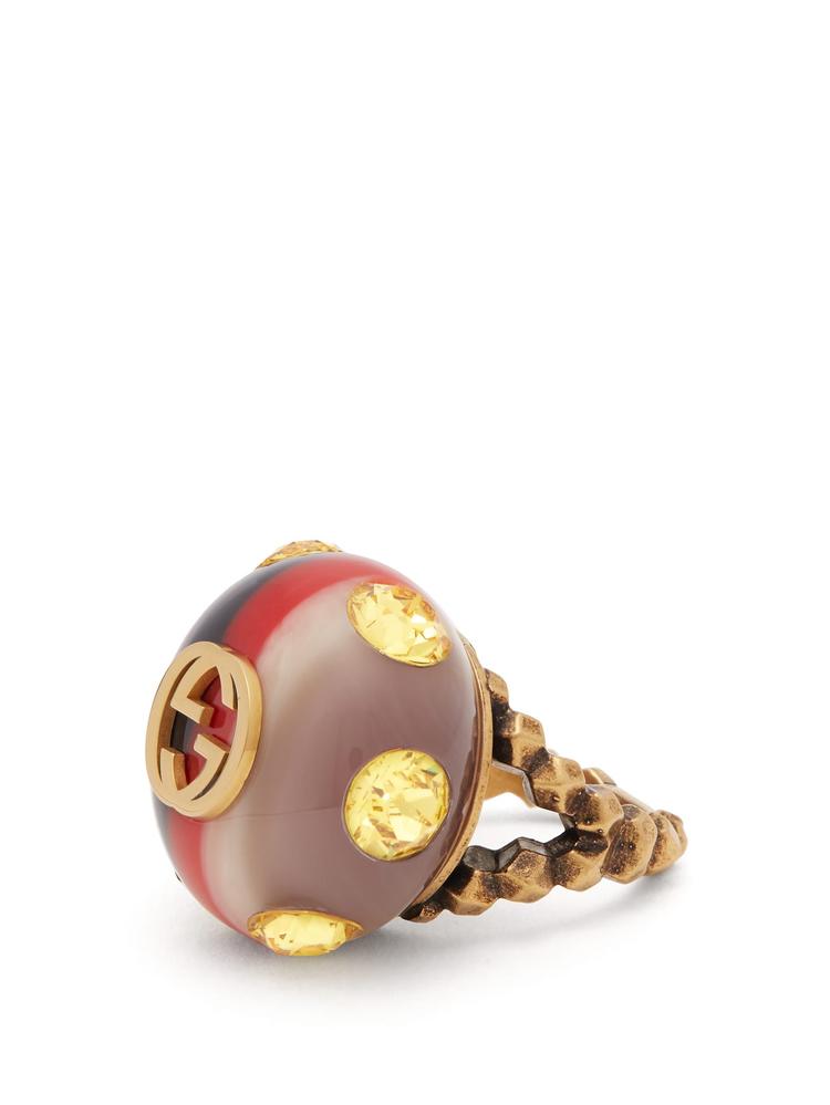 【19aw】古驰/gucci 双g标志金属logo条纹指环戒指 crystal-encrusted