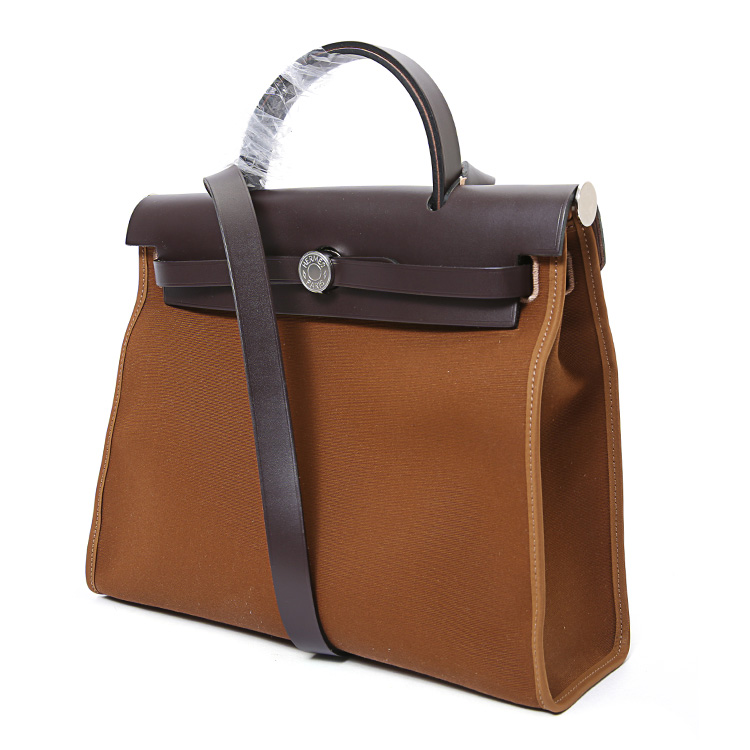 hermes/爱马仕 经典款herbag 31系列棕色帆布咖色配皮单肩包/斜挎包