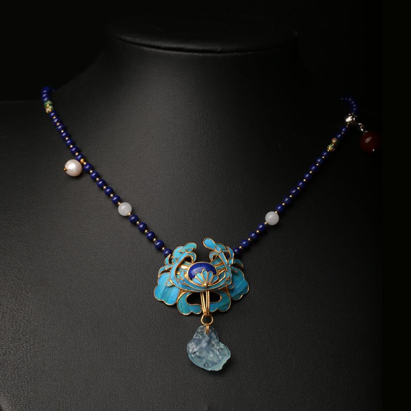 zhangs textiles/绣花张 设计款天然青金石点翠毛衣链项链