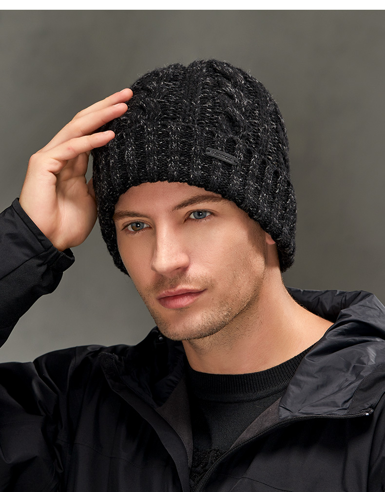 秋冬新品户外保暖护耳黑色毛线帽加绒秋冬季针织帽加厚羊毛男士套头帽
