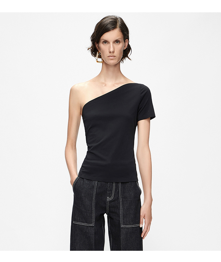 edition19年夏季单肩吊带针织衫夏款弹力修身不对称短袖斜肩上衣eai2