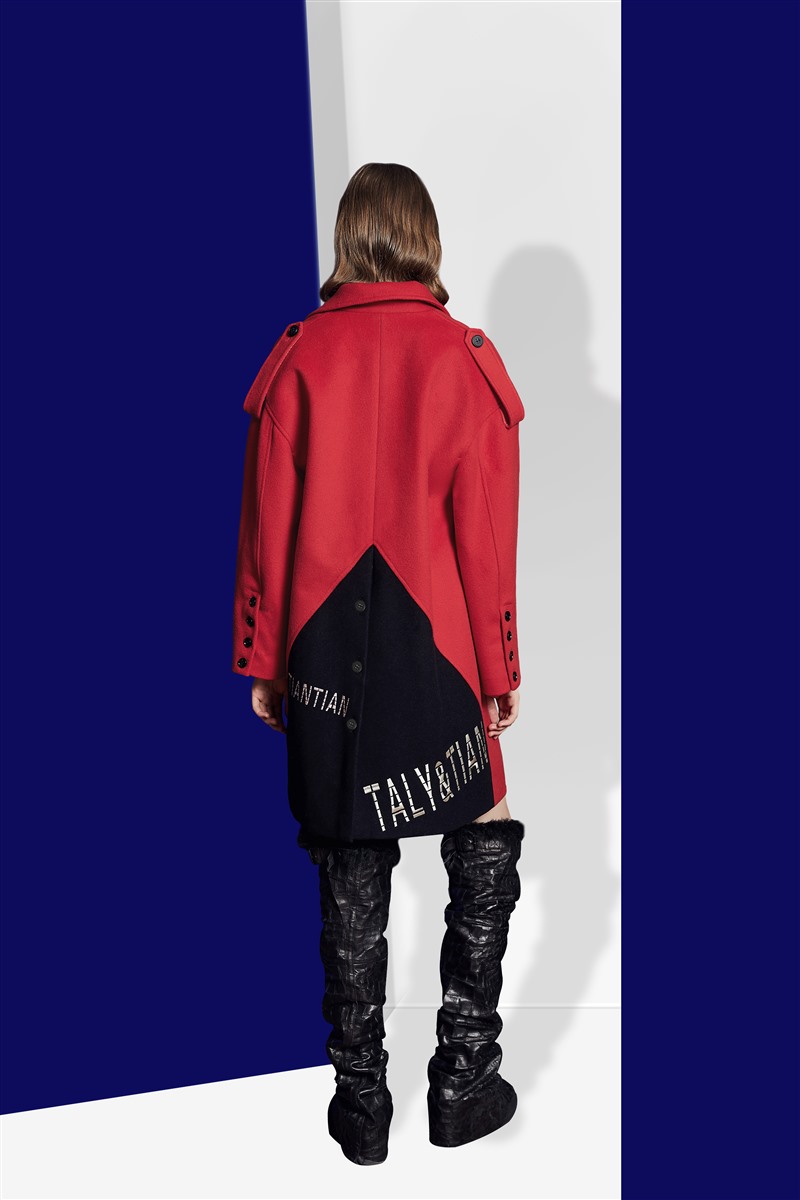 taly&tian/taly&tian女士大衣19秋冬新品大翻领长袖红蓝拼接大衣