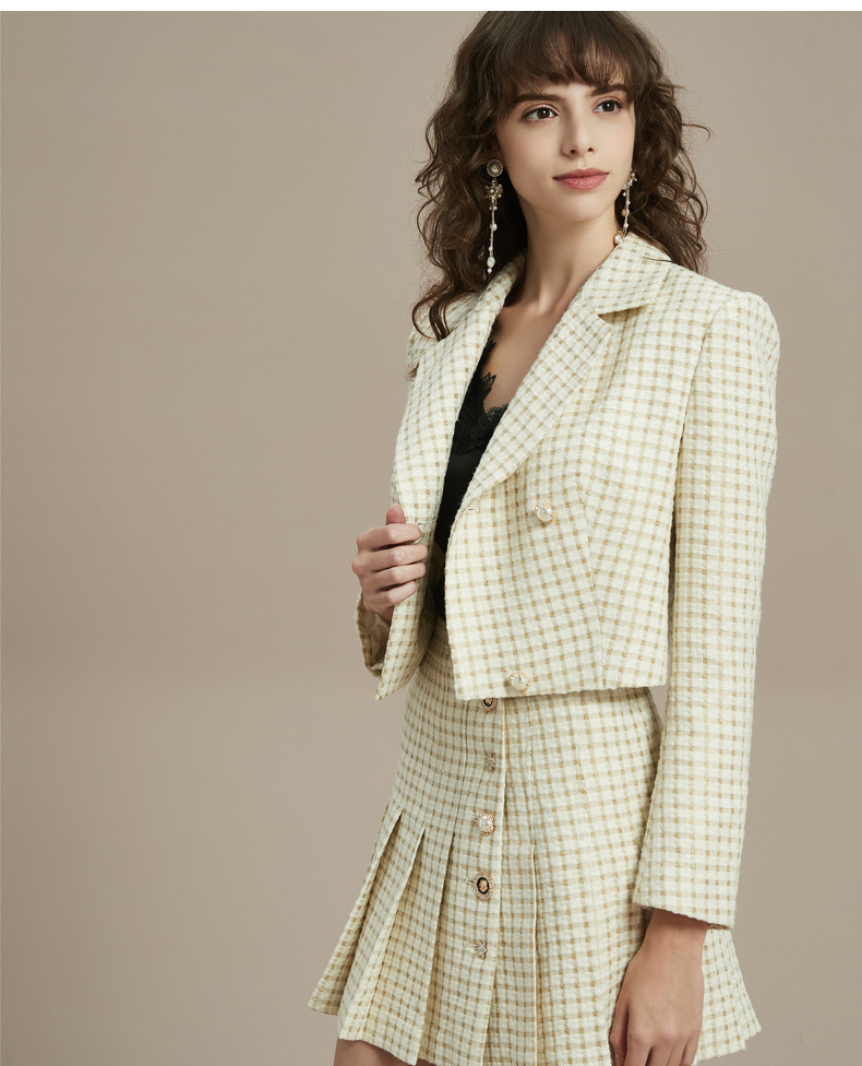 womenwear】2019冬季新品 女士西服 修身粗花呢西装珍珠纽扣外套