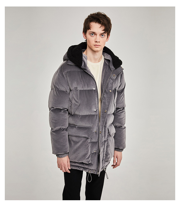 名堂 男士棉服 2019冬季新品男装 丝绒质感灯芯绒面料大口袋连帽棉服