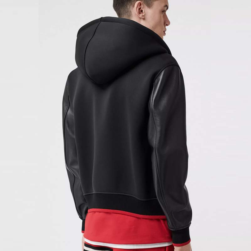 burberry/博柏利 19秋冬男士黑色羔羊皮衣袖橡胶tb压花连帽抽绳外套