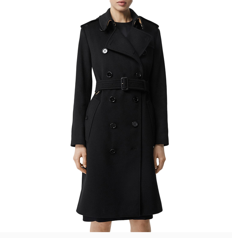 burberry 巴宝莉 19秋冬 女士黑色羊绒翻领修身长款毛呢大衣 外套